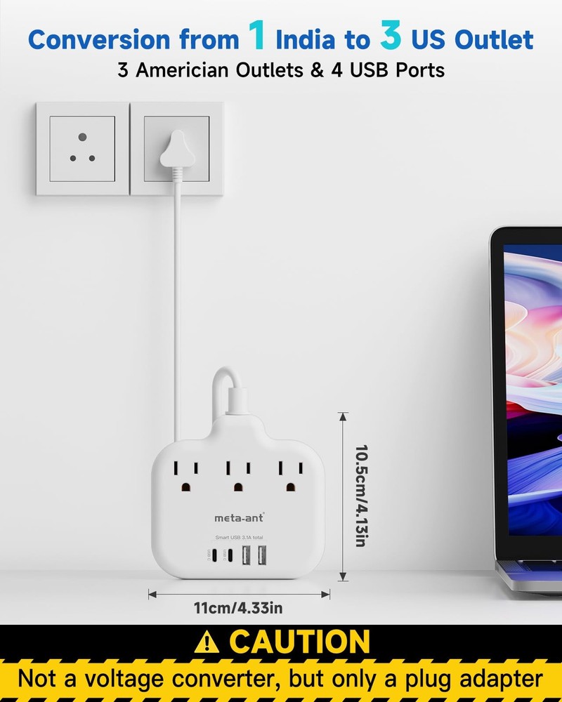 US to India Plug Adapter, meta-ant Power 5FT-India Plug, Type D Adapter