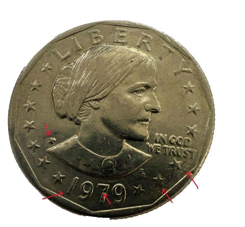 Susan B Anthony Dollar - 1979 Wide Rim , with Errors - Triple strike on star