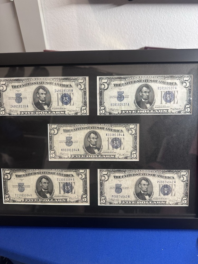 1934 Set $5 BLUE SEAL SILVER CERTIFICATE With Frame !