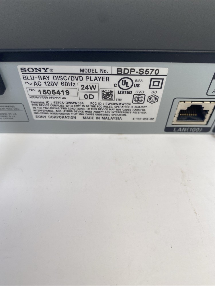 BLU RAY + DVD PLAYER - Sony BDP-S570 No Remote Control Works