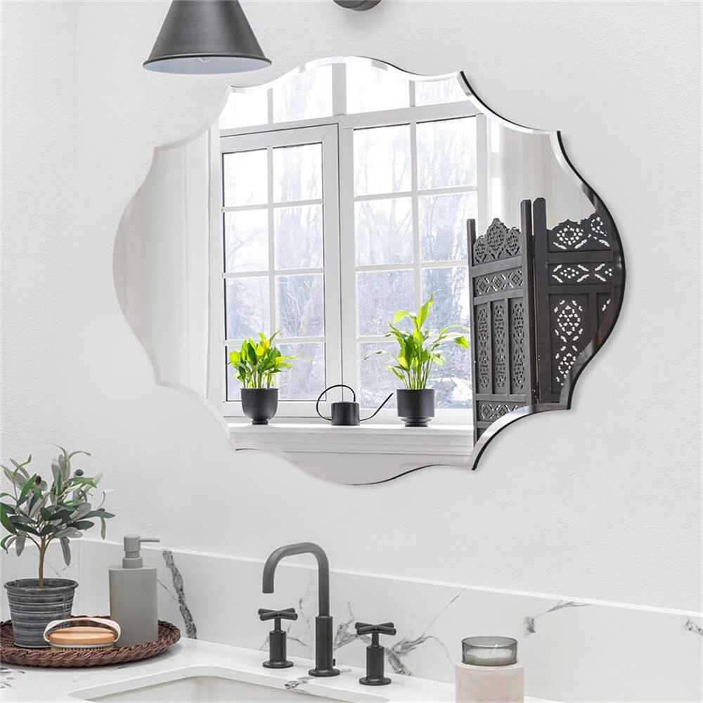 Scalloped Edged Oval Wall Mirror Frameless Wide Beveled Statement Accent Decor