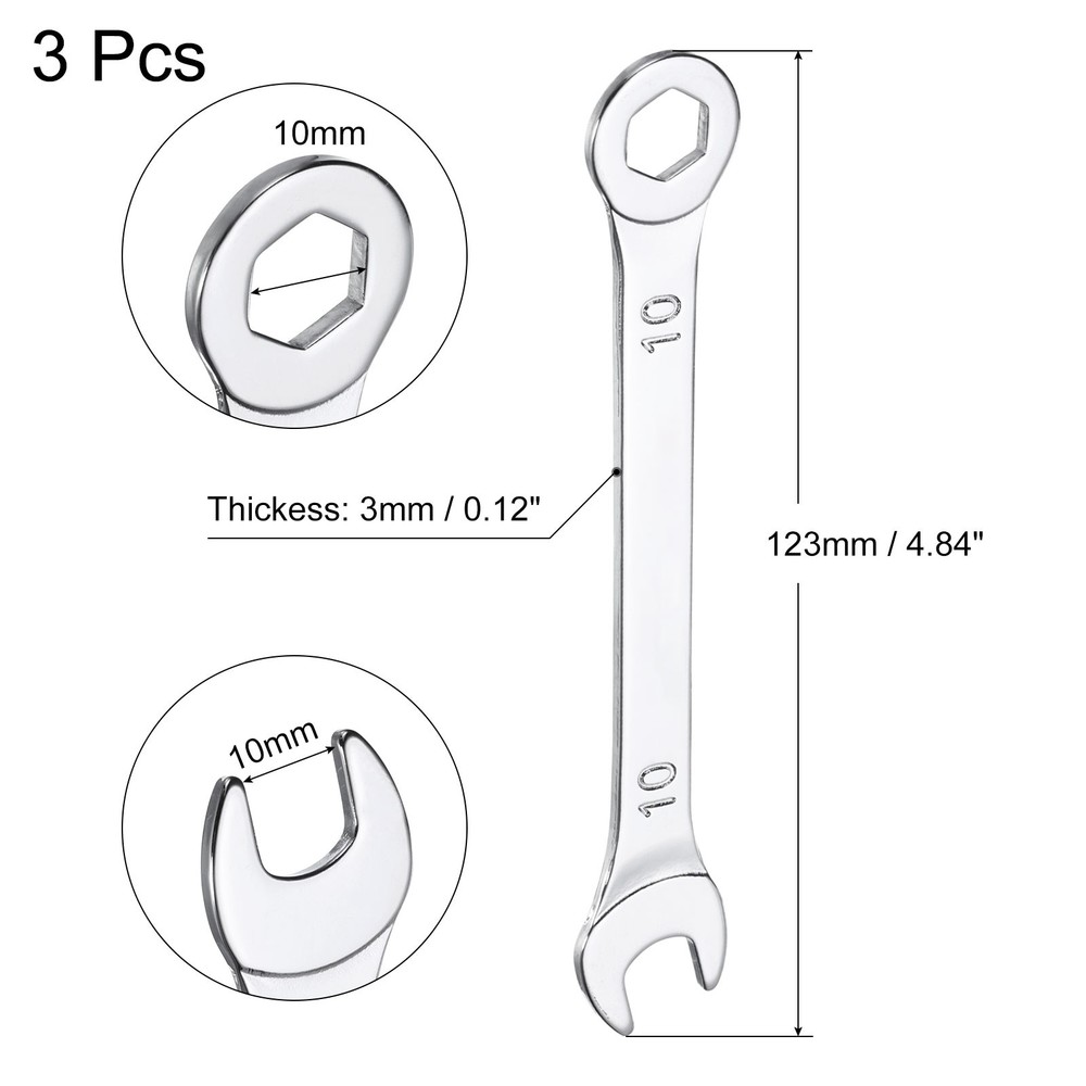 3pcs 10mm Thin Combination Wrench with Offset 6-Point End and Angled Open End