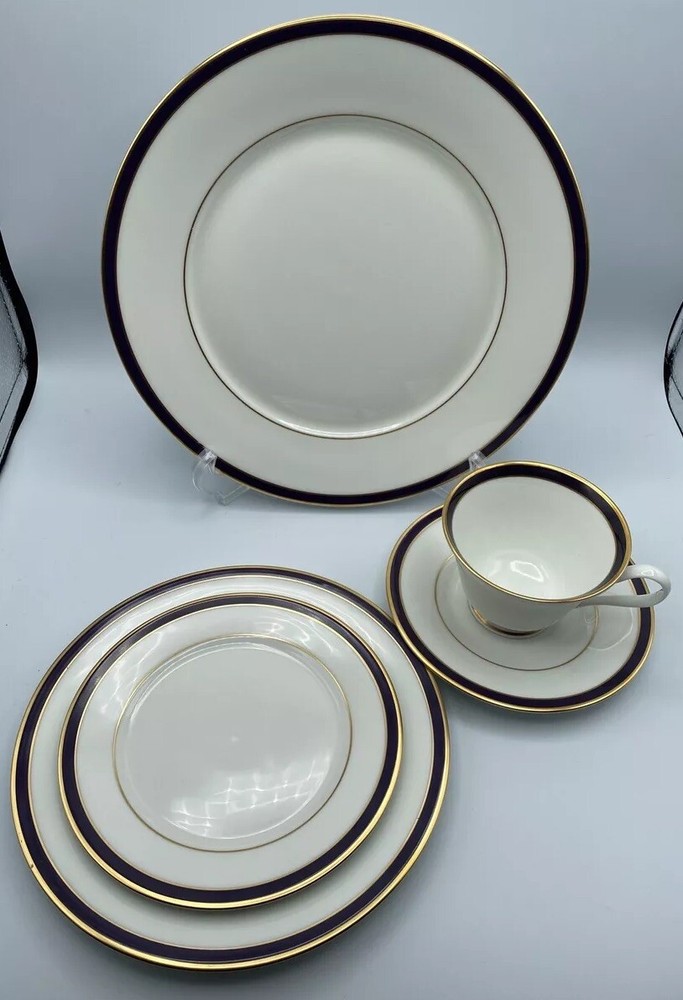 Oxford Lenox Annapolis Blue Bone China  5 pc place settings EUC /rb