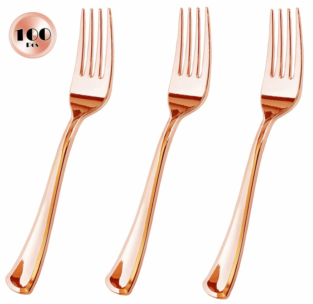 100 Piece Rose Gold Plastic Forks - Reusable & Recyclable - Elegant Utensils