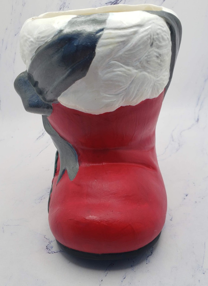 Santa's Red Boot With Silver Bow Ceramic Earthenware Christmas Holiday Planter