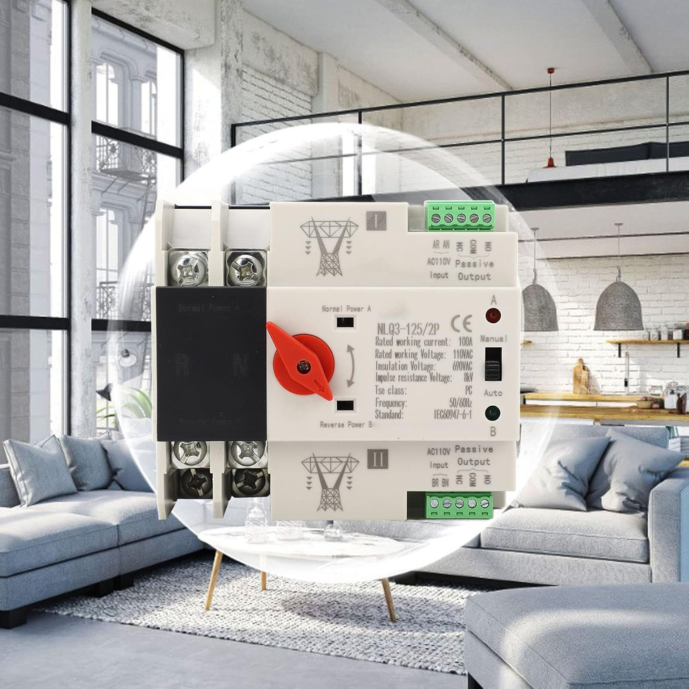 Dual Power Automatic Transfer Switch, 110V, 100A, Silver, PC, Self Throwing and