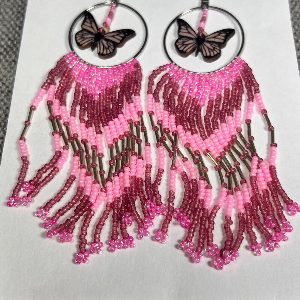 Native American Dangle Earrings Beaded Pinks Silver HandmadeYurok 5'"