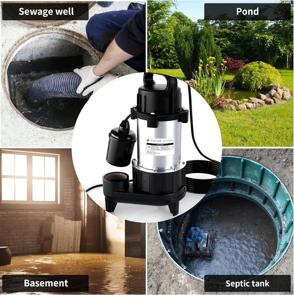 FOTING Submersible Sewage Sump Pump Cast Iron Vortex Impeller