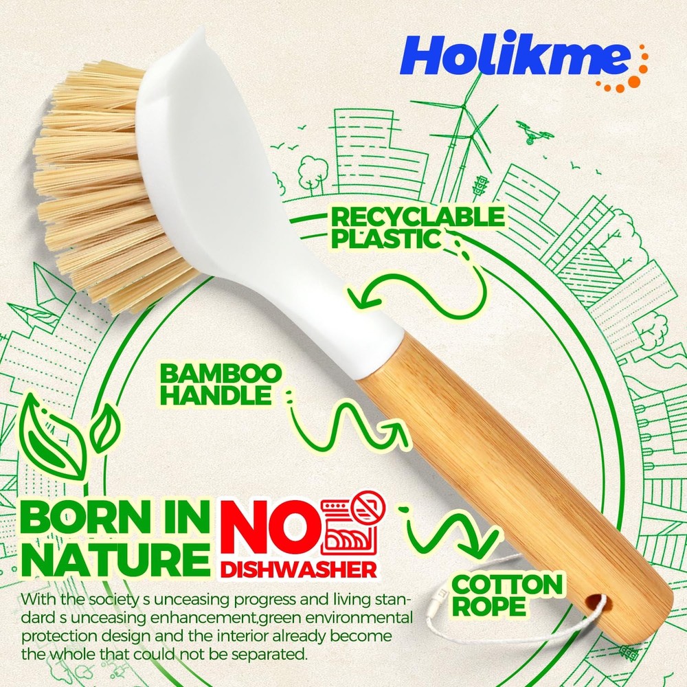 Holikme 3 Pack Dish Brush Set with Bamboo Handle, Kitchen Brushes for White