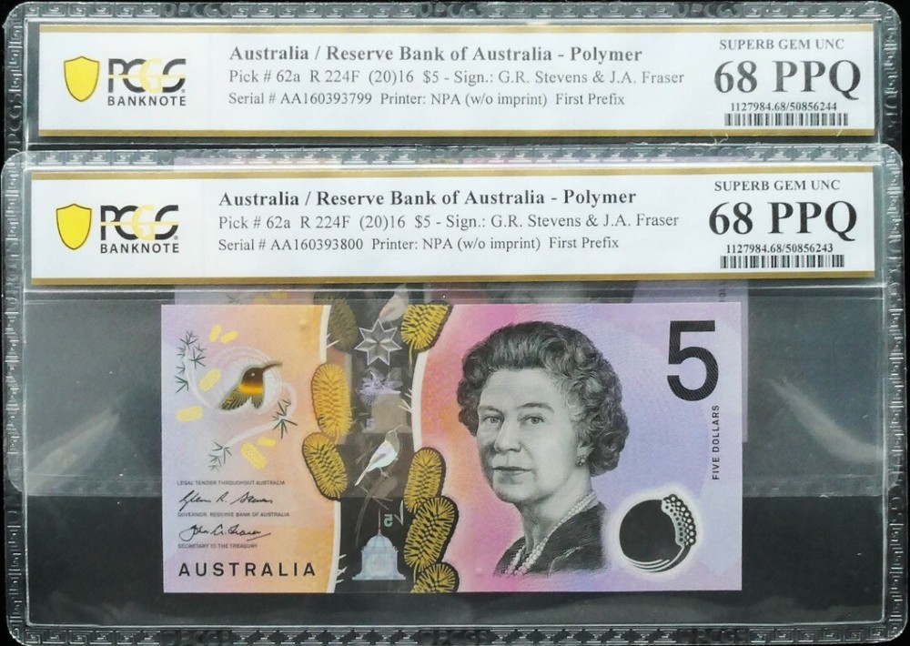 Consecutive Pair 2016 First Prefix AA16 $5 Banknotes PCGS SUP GEM UNC 68 PPQ ...