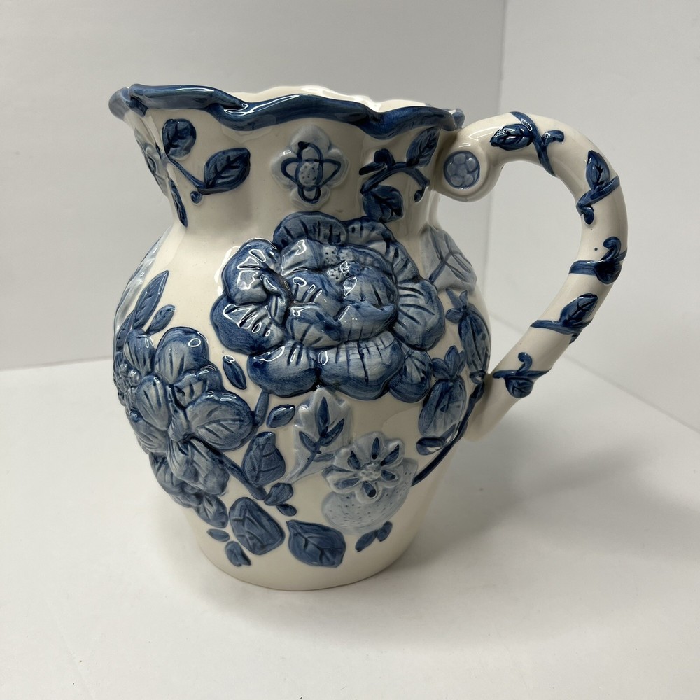 Blue & White Ceramic Pitcher Raised Floral Flowers Fruit