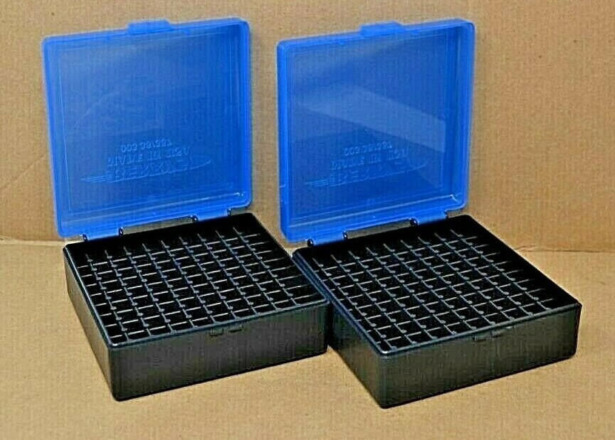 (2) 357 / 38 BERRY AMMO BOXES 100 ROUND STORAGE & RELOADING (BLUE / BLACK) NEW
