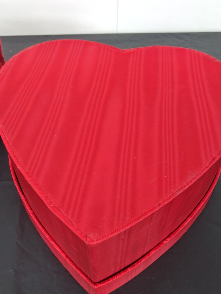 2 Red Fabric Covered Stacking Nesting Heart Boxes Satin Moire & Brocade Wedding