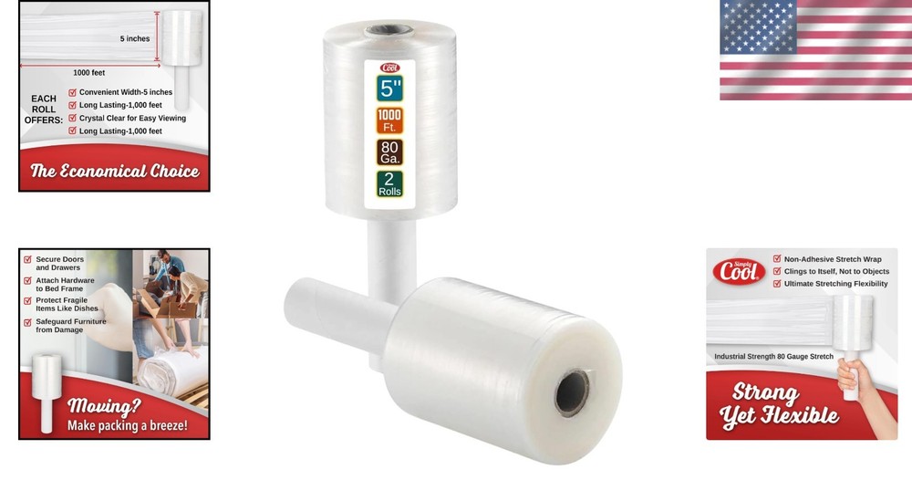 Multi-Purpose 80 Gauge Mini Stretch Wrap, 2 Pack 5 Inch Rolls for Packing