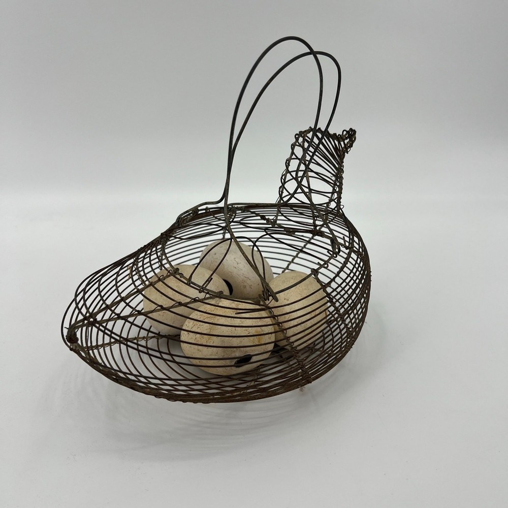 Vintage Wire Egg Basket with 4 Decorative Ceramic Eggs Chicken Shaped