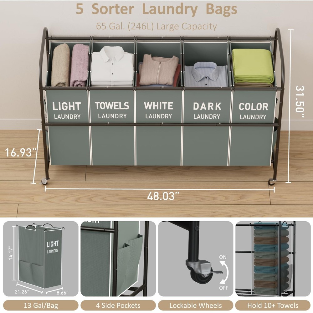 5-Section Laundry Sorter Cart, Large Laundry Hamper with Lockable Rolling Whe...