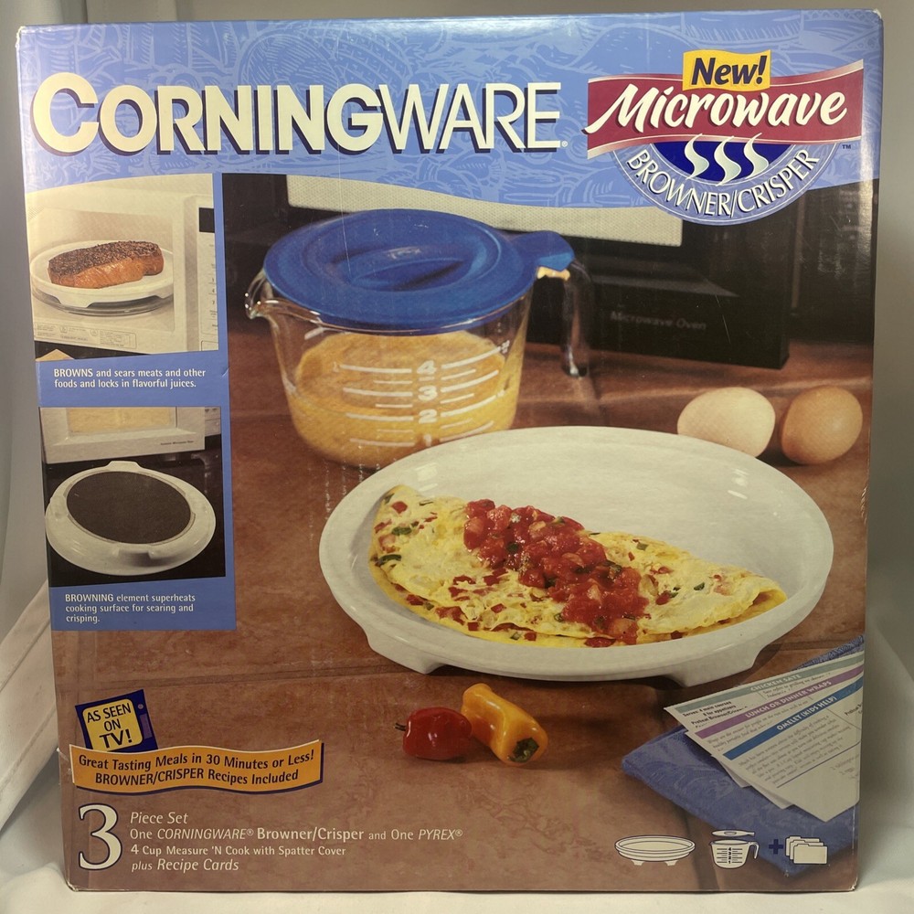 CorningWare Microwave Browner/Crisper 3 Piece Set Pyrex Measuring Cup/lid-recipe