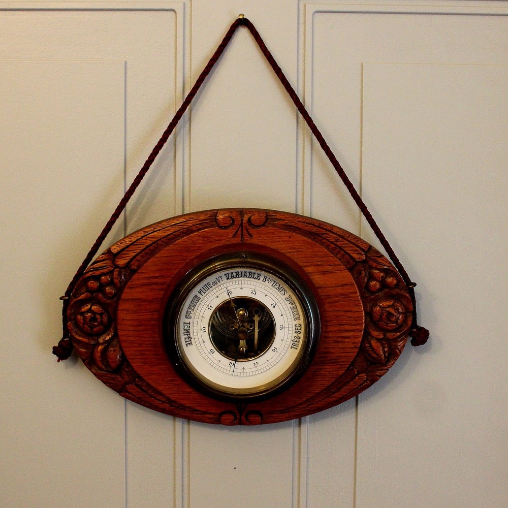 Antique French Solid Oak Aneroid Wall Barometer with Ceramic Dial