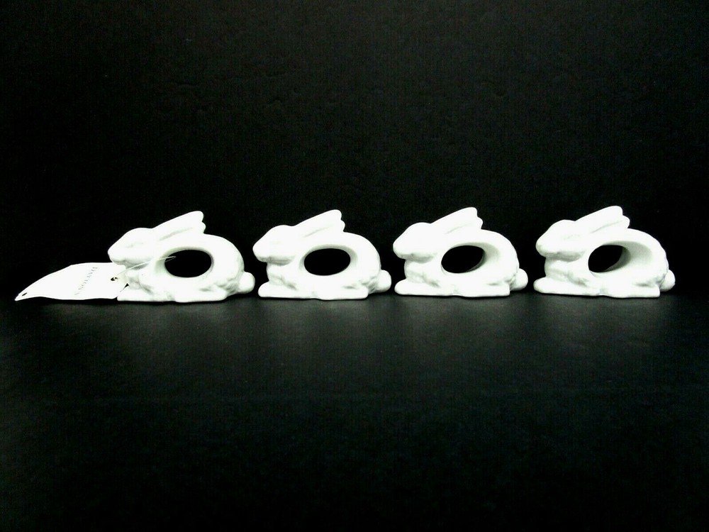 Set of 4 Daytons Ceramic White Bunny Rabbits Napkin Ring Holders Easter Spring C