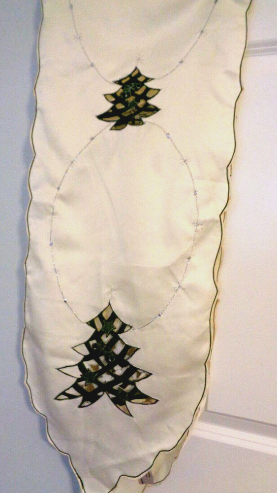 White Satin Christmas Embroidery Table Runner Green Tree Embroidered Cutwork 70"
