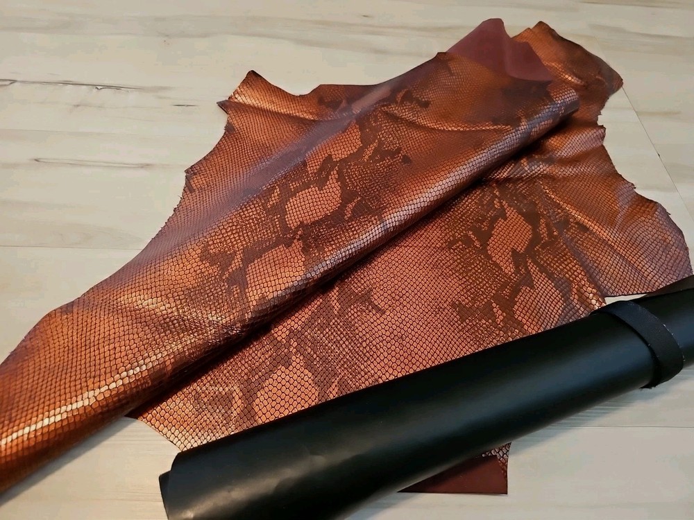 RUST COPPER BROWN SNAKESKIN PRINT SHEEPSKIN LAMBSKIN LEATHER HIDE PANEL,SHEET