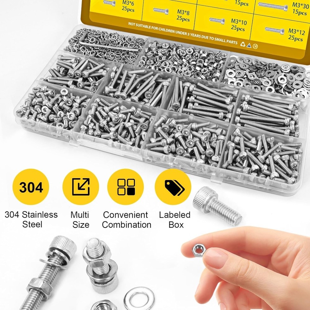 720Pcs M3 Screws Assortment Kit, Hex Socket Head Cap Bolts, Nuts & Washers Assor