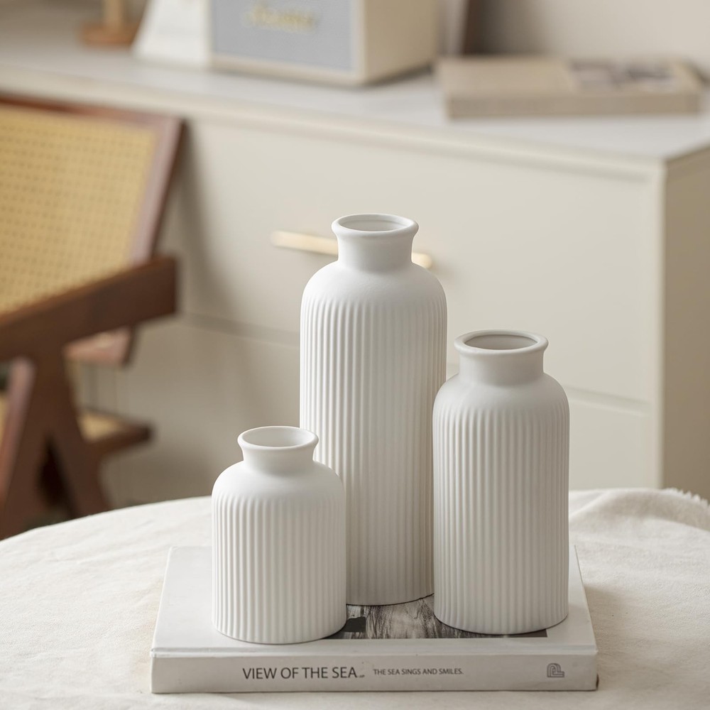 Large Modern Ceramic Vase Set, White Ribbed Matte Design, 3-Piece Decorative ...