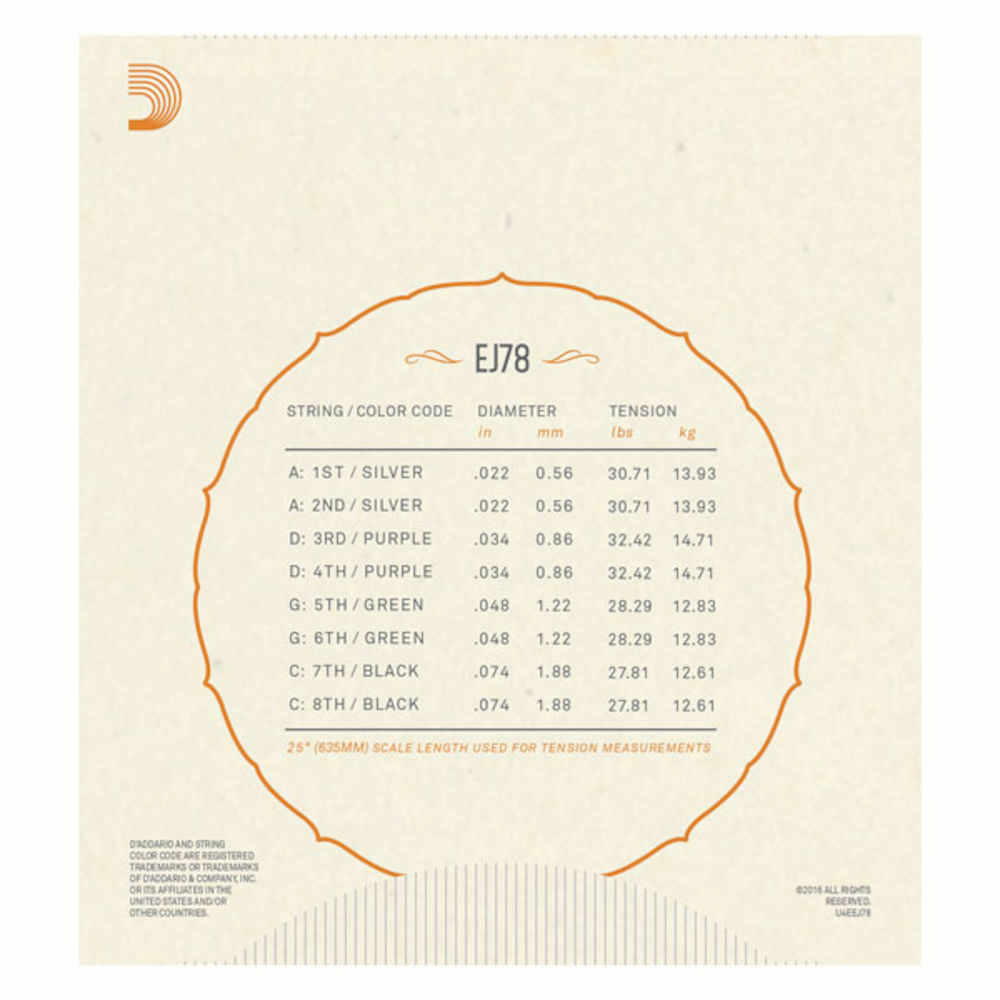 D'Addario EJ78 Phosphor Bronze Mandocello Strings, 22-74