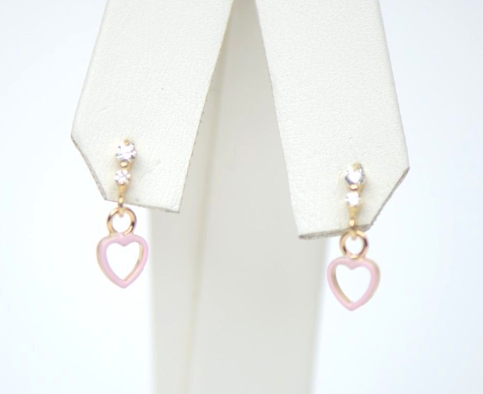 14K Solid Yellow Gold Heart Shape Dangle Earring with Enamel