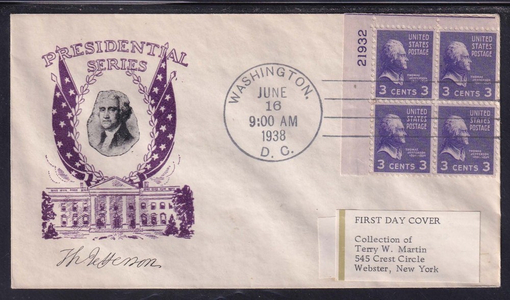 SCOTT 809 THOMAS JEFFERSON PLATE BLOCK FIRST DAY COVER FDC