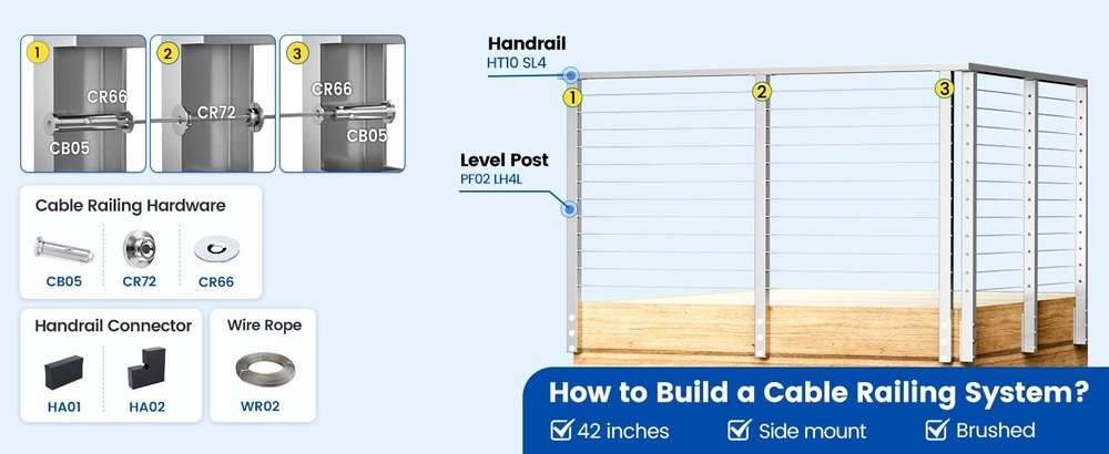 42" Side Mount Cable Railing Post Level Drilled Space-Saving Brushed Stainless