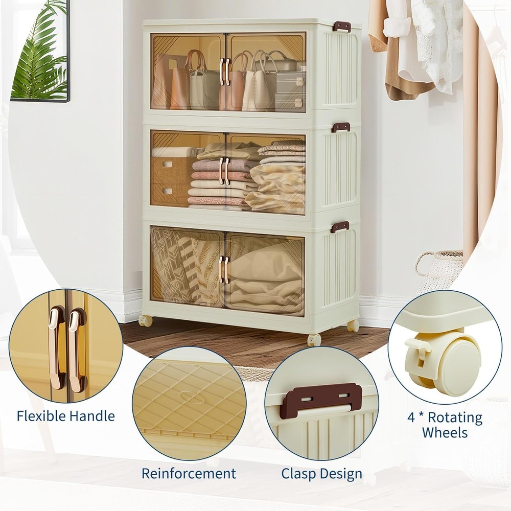 Stackable Storage Bin W/ Collapsible Drawer, Magnetic Doors & Wheels for Office