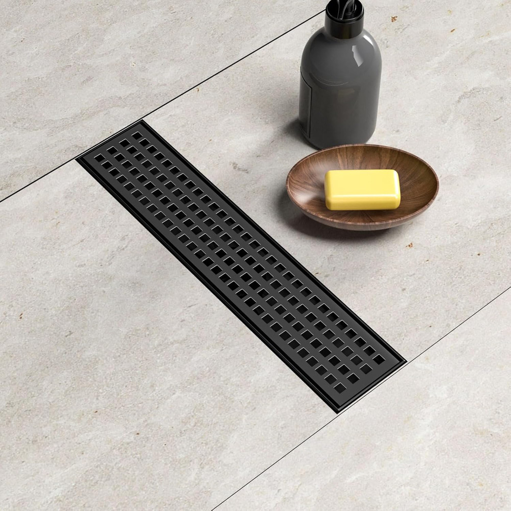 Desagüe de ducha lineal de 12 pulgadas, desagüe de suelo rectangular negro