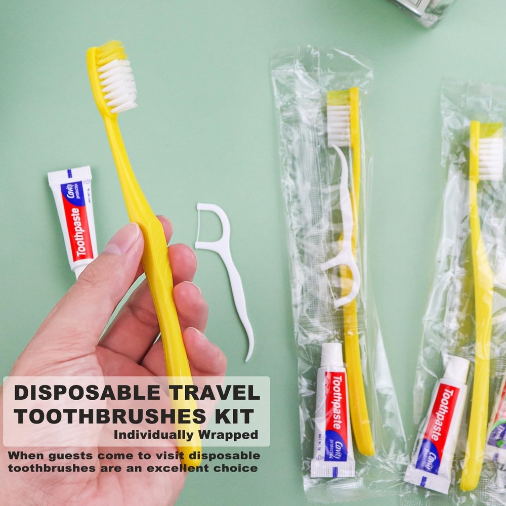 100pcs Disposable Toothbrushes with Toothpaste and Floss,Yellow Bulk Single U...