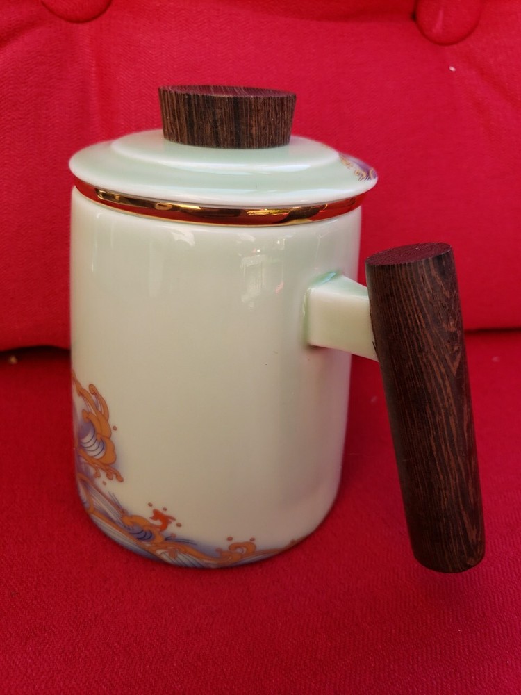 Tea Cup with Infuser and Lid,Ceramic Tea Infuser Mug Solid Wooden Handle,15.2 oz
