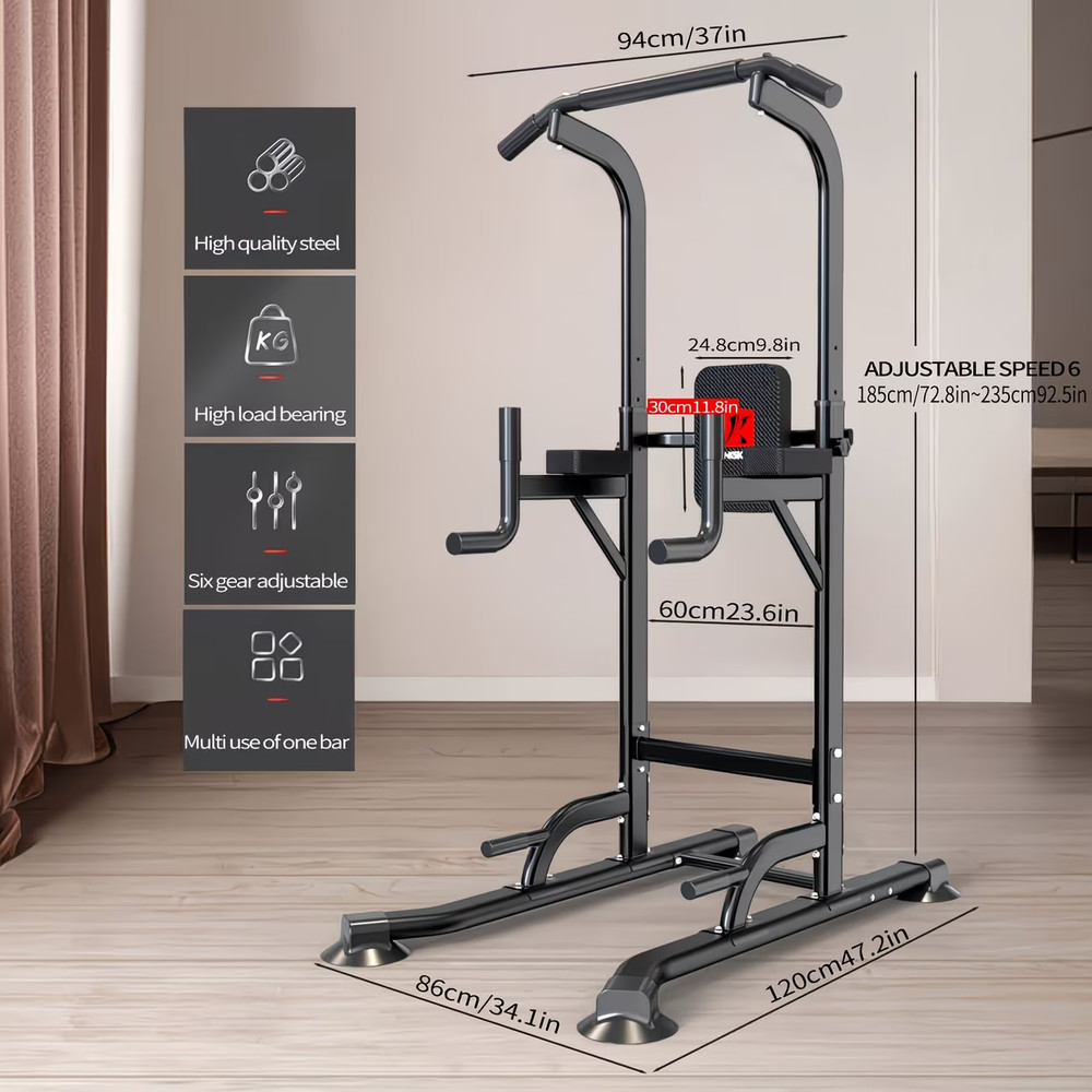 Power Tower Dip Station, Adjustable Height, Multi-Functional Strength Training W
