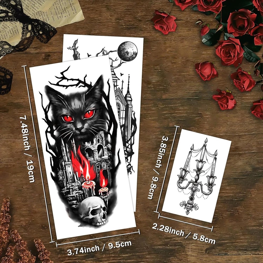 77 Sheets Gothic Temporary Tattoos, Mystery Spider Half Arm, Small, grey