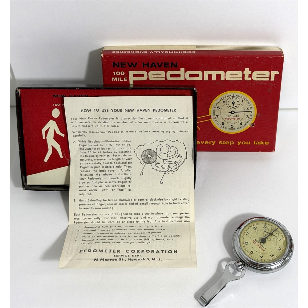 Vintage New Haven 100 Mile Pedometer Mechanical Analog Step Tracker with Box