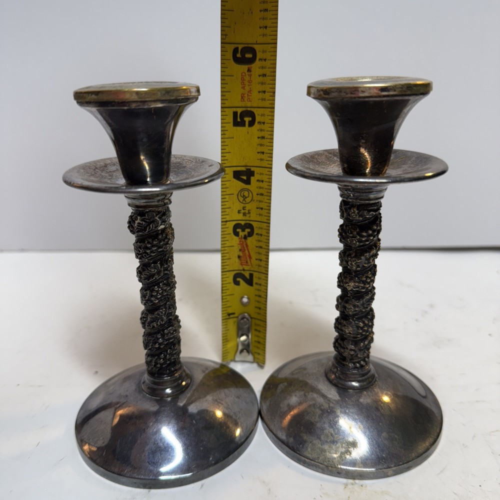2 Roma Madrid Spain Silver Plated Candlesticks With Drip Plate