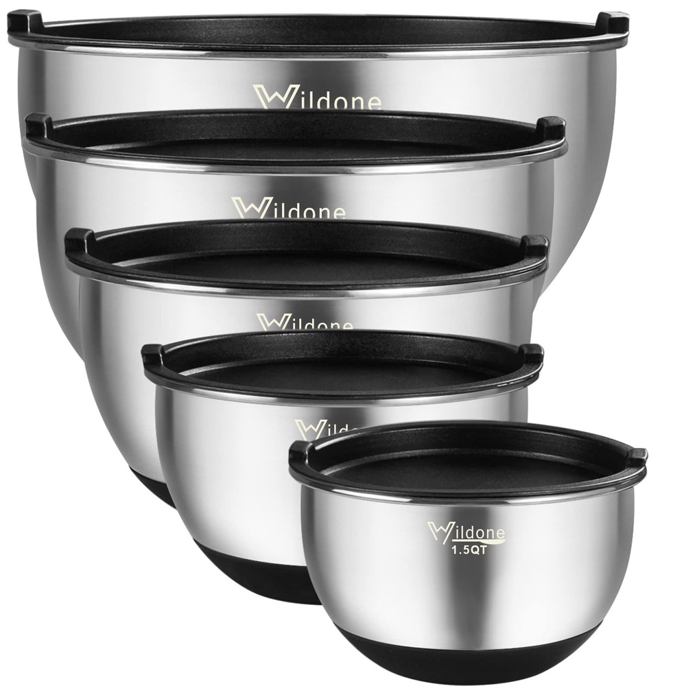 Wildone 5-Piece Stainless Steel Mixing Bowls with Lids, Nesting & Stackable