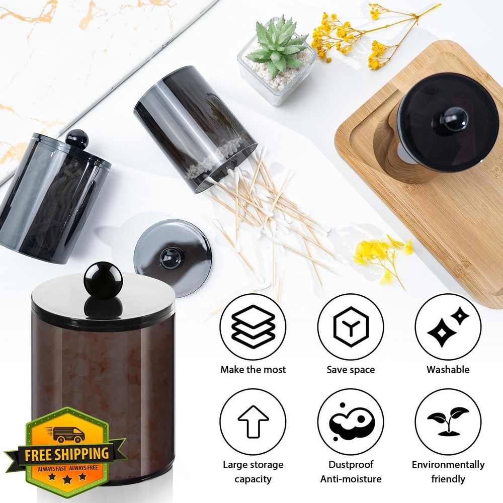 YASONIC 4 Pack Black Qtip Holder Jar Set w/ Lids