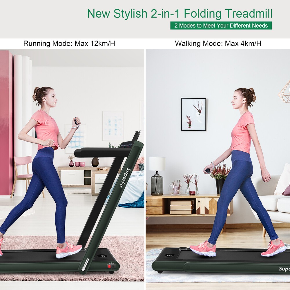 2 in 1 Folding Treadmill 2.25HP Running Machine w/ Dual Display Green