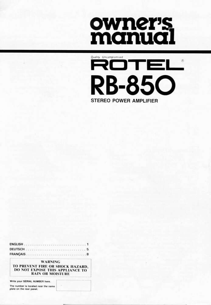 Rotel RB-850 Amplifier Owners Manual