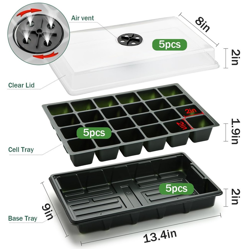 24XL Cell Seed Starter Tray with Dome-5 Pack 2'' Plug Seedling Trays(total 12...