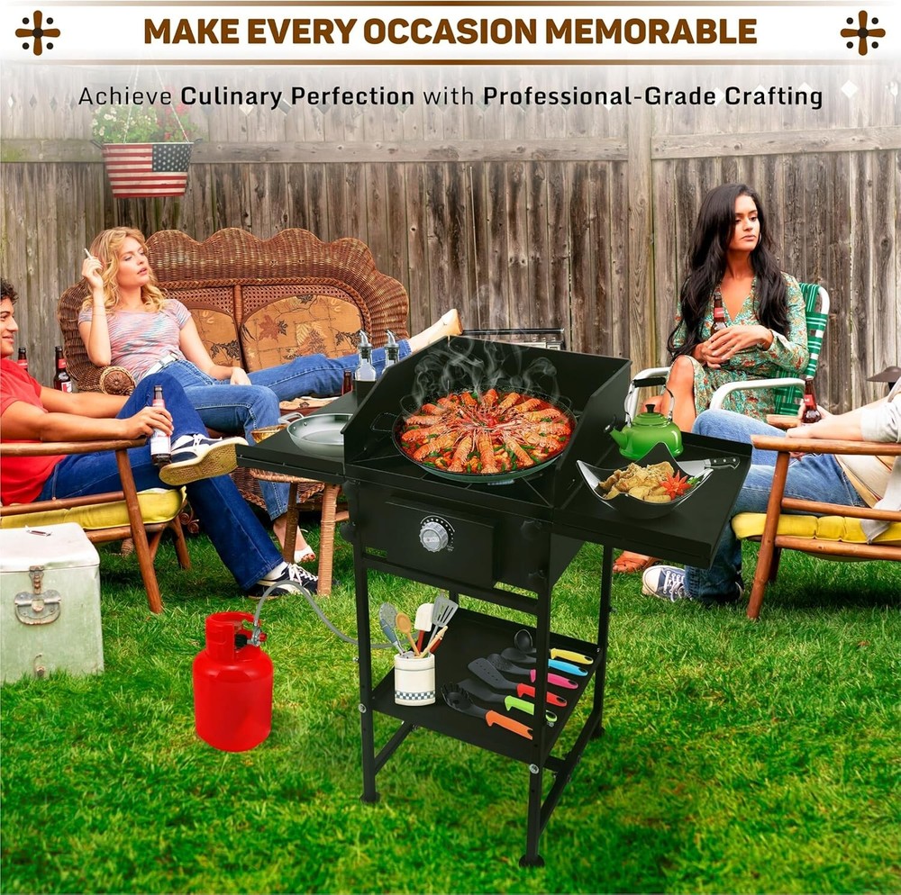 Single Burner Propane Stove - with Dual Side & Bottom Shelf and Wind Panel