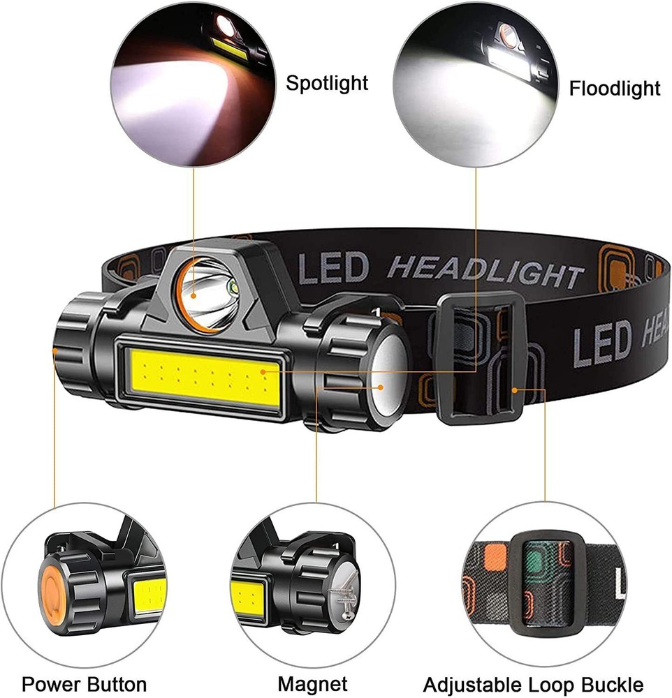 2X COB LED Headlamp Headlight USB Rechargeable Waterproof Head Light Flashlight