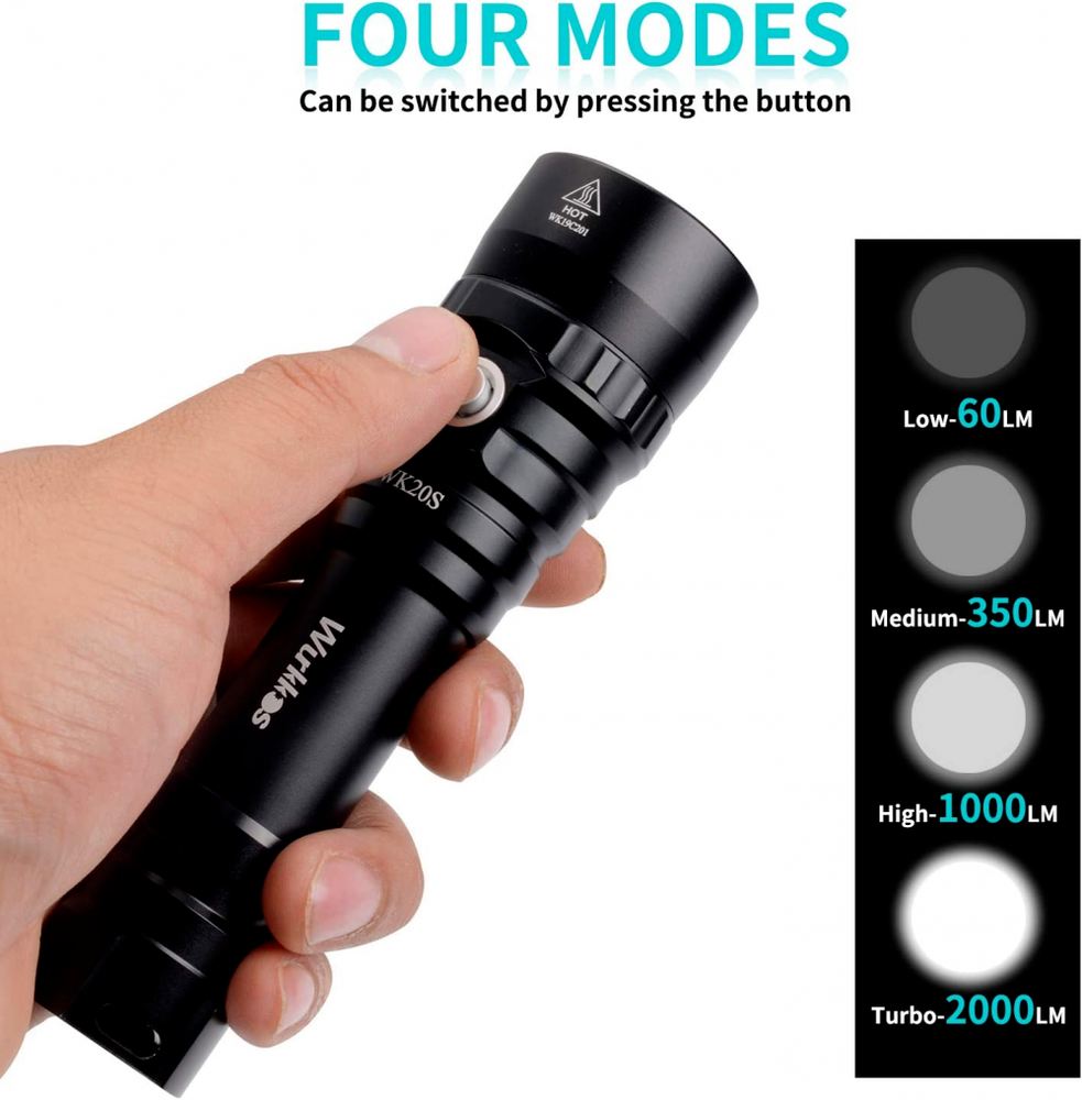 Wurkkos Scuba Diving Flashlight, Max 2000Lumen 4 Brightness, 5000k