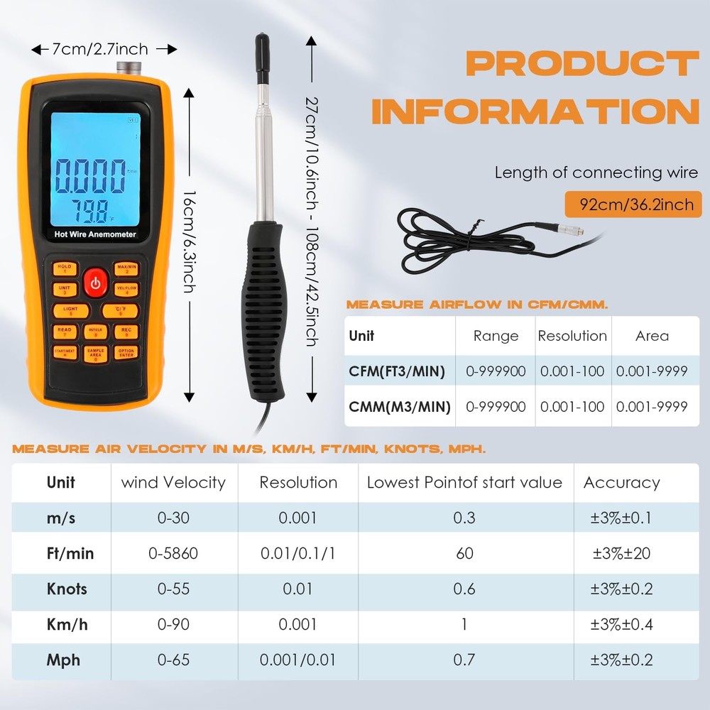 Thermal Anemometer Handheld HVAC Air Flow Velocity Meter