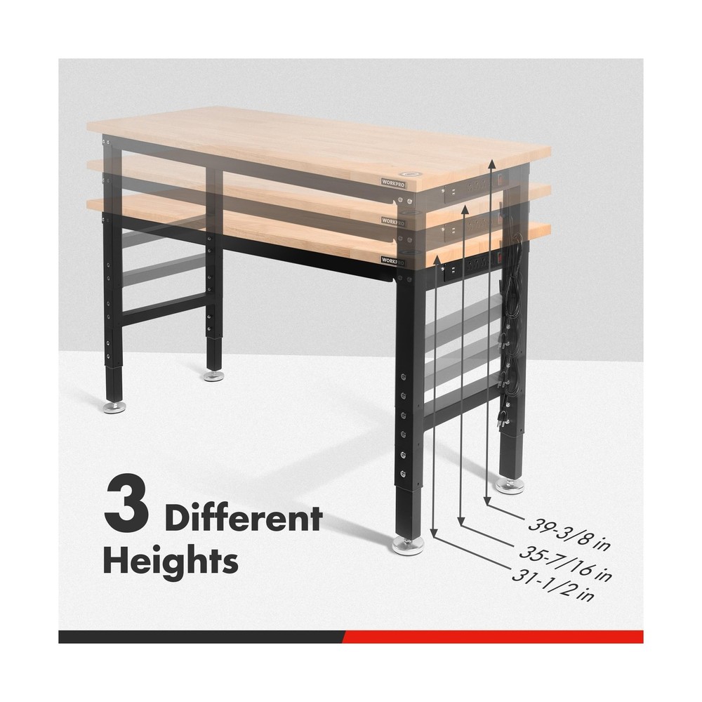 WORKPRO 48" Adjustable Workbench, Rubber Wood Top Heavy-Duty Workstation, 200...