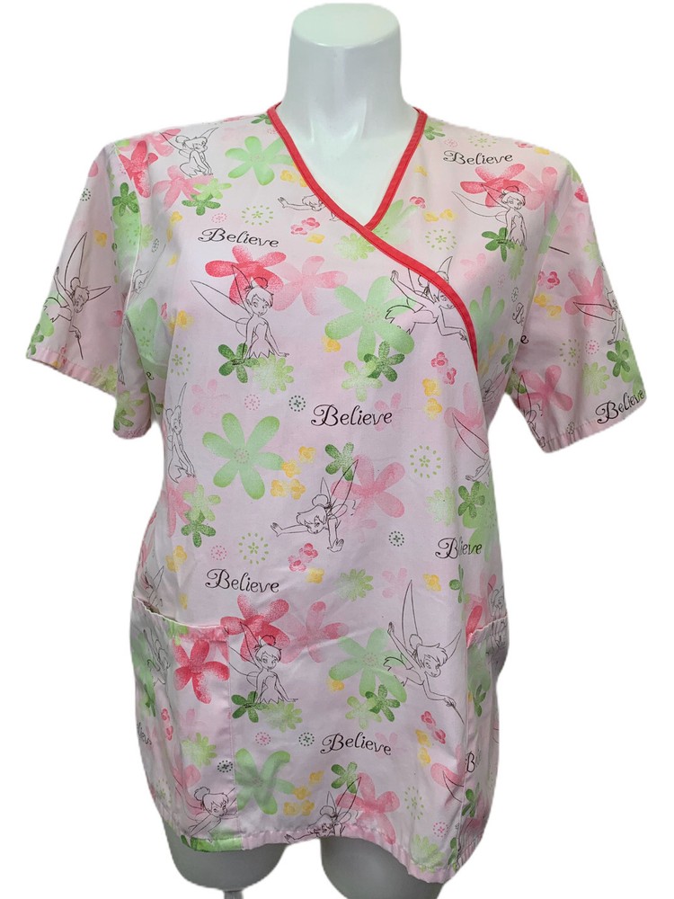 Disney Tinkerbell Scrub Top L Large Believe Pink